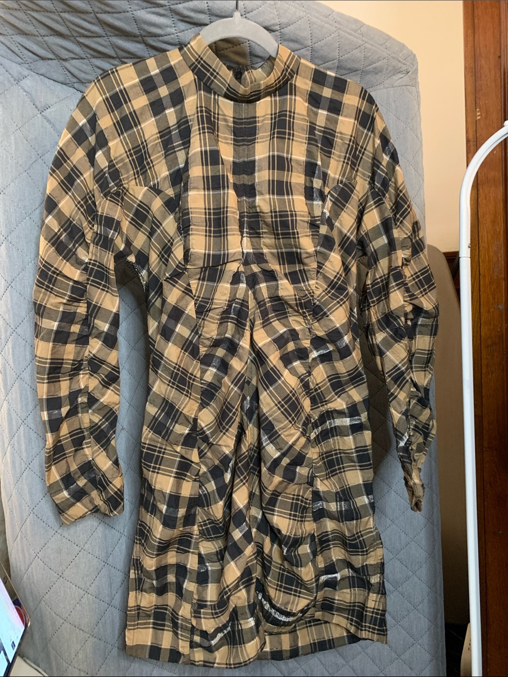 Ganni Beige and Black Plaid Tailored Mini Dress Blazer